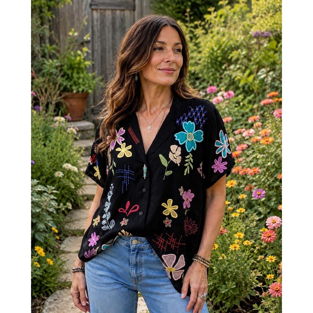 Johnny Was SemiSheer Black Bohemian Blouse Embroidered Flowers Button Up Size L